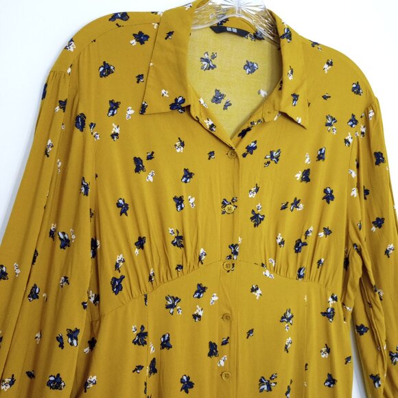 Uniqlo Mustard Gold Print Long Sleeve Flared Mini Dress - Picture 2 of 9